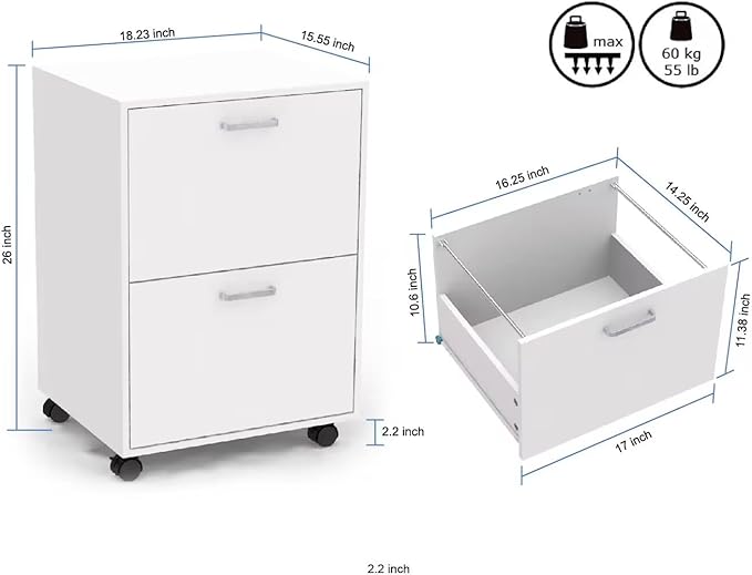 QDSSDECO 2 Drawer Mobile File Cabinet Rolling Vertical Filing Cabinet fits A4 Legal Paper and Letter Paper for Home Office White