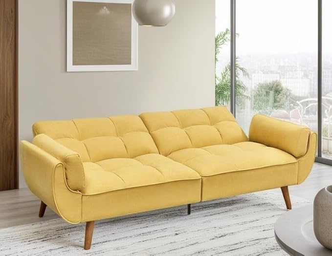 Convertible Futon Sofa Bed Modern Futon Couch with 2 Pillows Small Futons Couch with Adjustable Armrest &amp Backrest Loveseat Sofa Bed for Living Room Bedroom Yellow