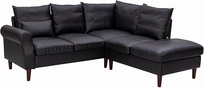 Panana Upholstered Sofa Couch Linen Fabric/Artificial Leather L Shaped Corner Sectional Modern Living Room Sofa (Black Faux Leather 5 seat Right Corner with Built-in USB Port)