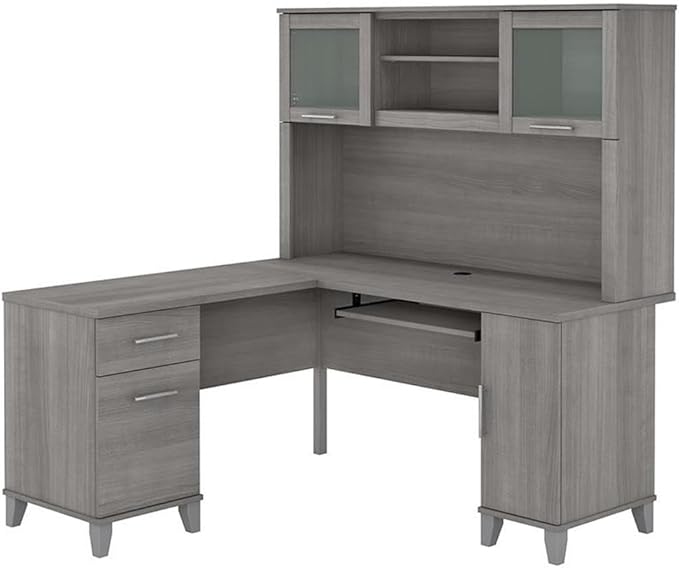Pemberly Row 60W L Shaped Desk with Hutch Platinum Gray Finish Thermally Fused Laminate Storage Cabinet File Drawer Adjustable Shelves Home Office Desk for Computer and Organization