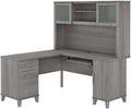 Pemberly Row 60W L Shaped Desk with Hutch Platinum Gray Finish Thermally Fused Laminate Storage Cabinet File Drawer Adjustable Shelves Home Office Desk for Computer and Organization