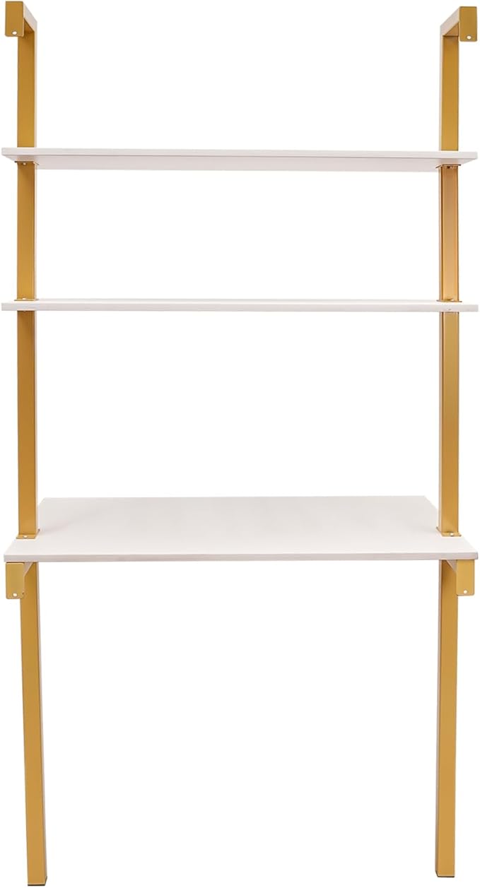 Wall Mount Laptop Desk with Power Strip Modern Computer Writing Table Industrial Shelf Desk (Gold White 30 x 20 x 72.5)