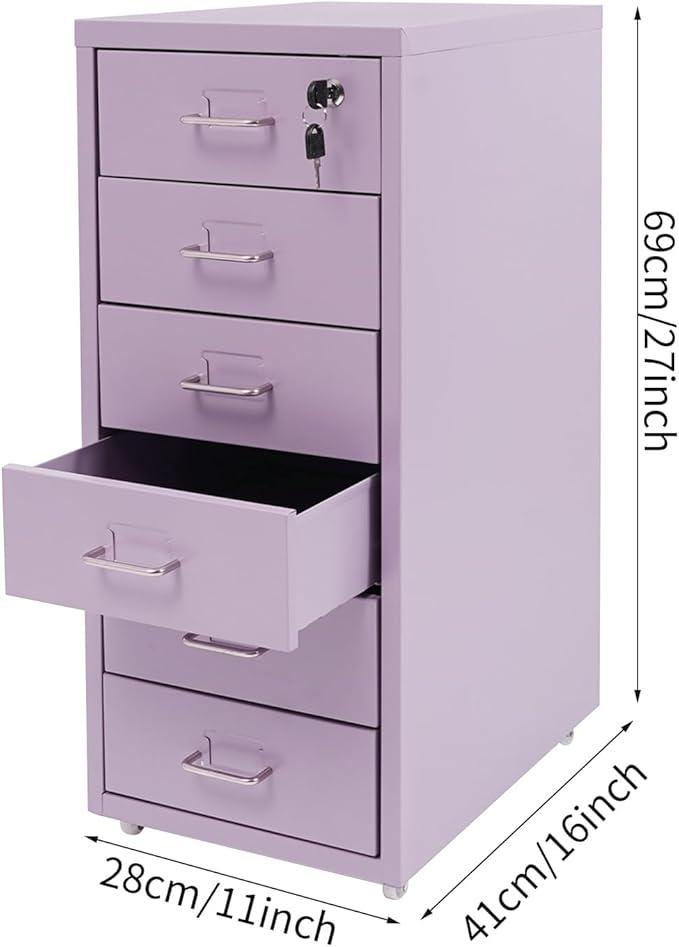6 Drawer File Cabinet Metal Mobile Office Filing Organizer Vertical Lockable Office Filing Cabinet Heavy-duty Steel File Storage Cabinet with Keys and Wheels for Study Office Living Room (Purple)