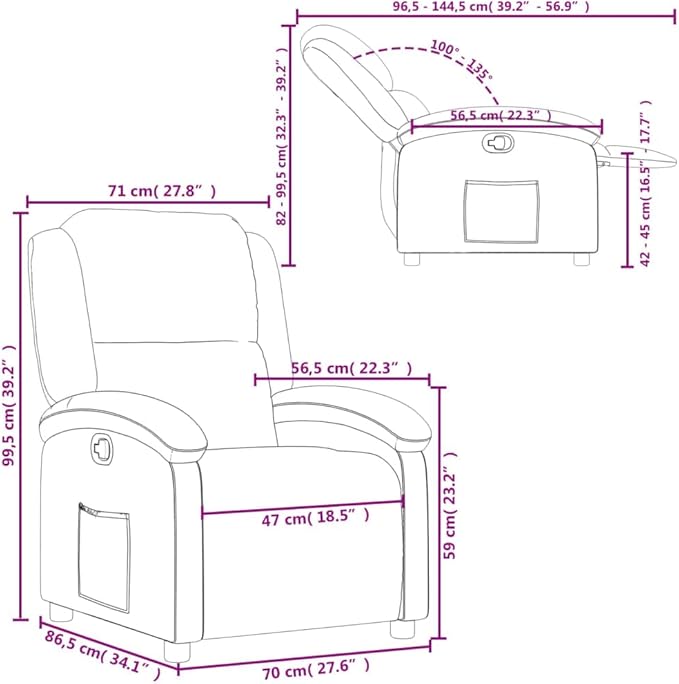 vidaXL Recliner Chair - Cream Real Leather Lounger - Manual Reclining with Solid Wood &amp Metal Frame Padded Armrests Side Pocket 242.5 lb Load Capacity - Living Room/Office