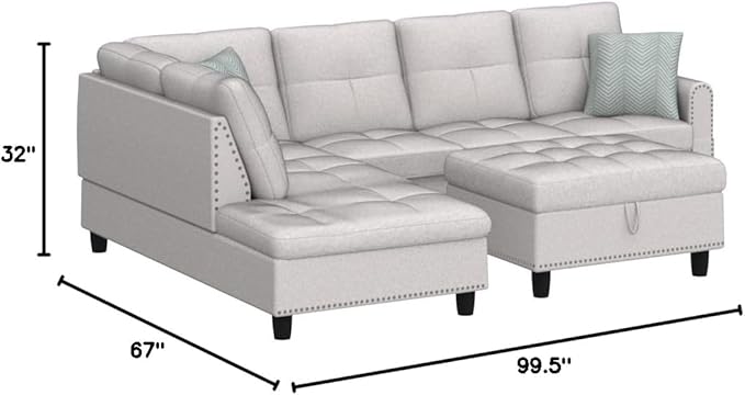 Devion Furniture Polyester Fabric Sectional Sofa with Lift-top Storage Ottoman Tufted Design in Light Gray Finish