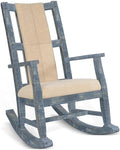 Pemberly Row Mahogany Rocking Chair with Cushion Seat and Back Ocean Blue Finish 41H x 26W x 22.5D Sturdy Wood Construction Studded Accents Smooth Rocking Motion for Living Room or Lodge Use