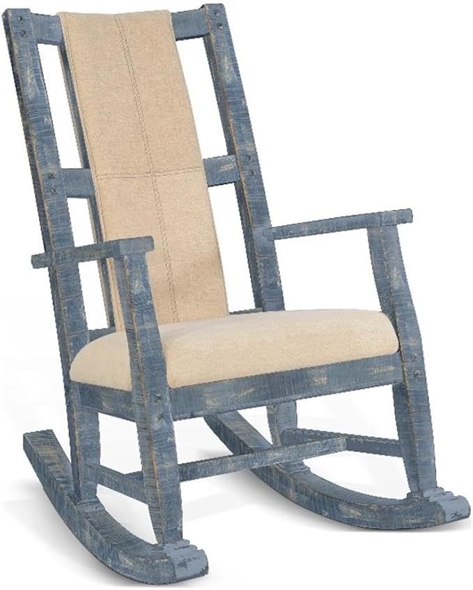 Pemberly Row Mahogany Rocking Chair with Cushion Seat and Back Ocean Blue Finish 41H x 26W x 22.5D Sturdy Wood Construction Studded Accents Smooth Rocking Motion for Living Room or Lodge Use
