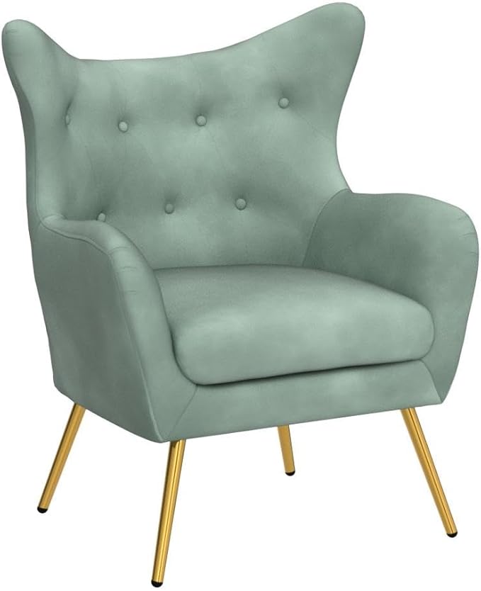 HULALA HOME Velvet Accent Chair Set of 2 Modern Wingback Arm Chair with Metal Gold Legs Velvet Tufted Upholstered Single Sofa(SAGE)