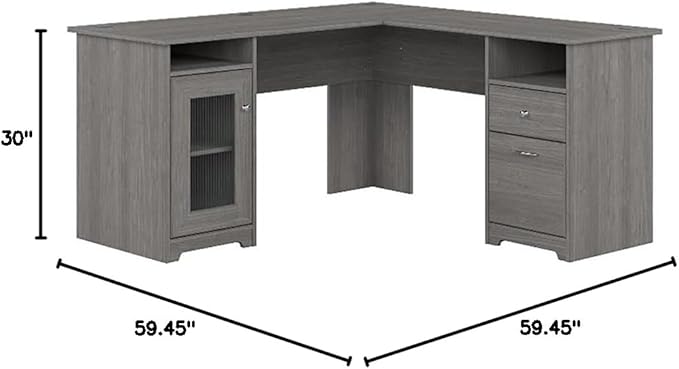 Pemberly Row 60 L Shaped Computer Desk Engineered Wood Gray Finish Transitional Style Home Office Desk with Storage Cabinet File Drawer Adjustable Shelf Wire Management Cubby Spaces