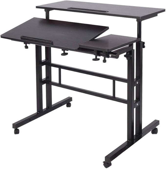 DlandHome Sit-Stand Desk Cart Mobile Height-Adjustable Sit to Stand Office Desk Riser Standing Table Workstation Mobile Desk Black 101-2BK