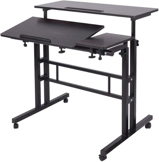 DlandHome Sit-Stand Desk Cart Mobile Height-Adjustable Sit to Stand Office Desk Riser Standing Table Workstation Mobile Desk Black 101-2BK