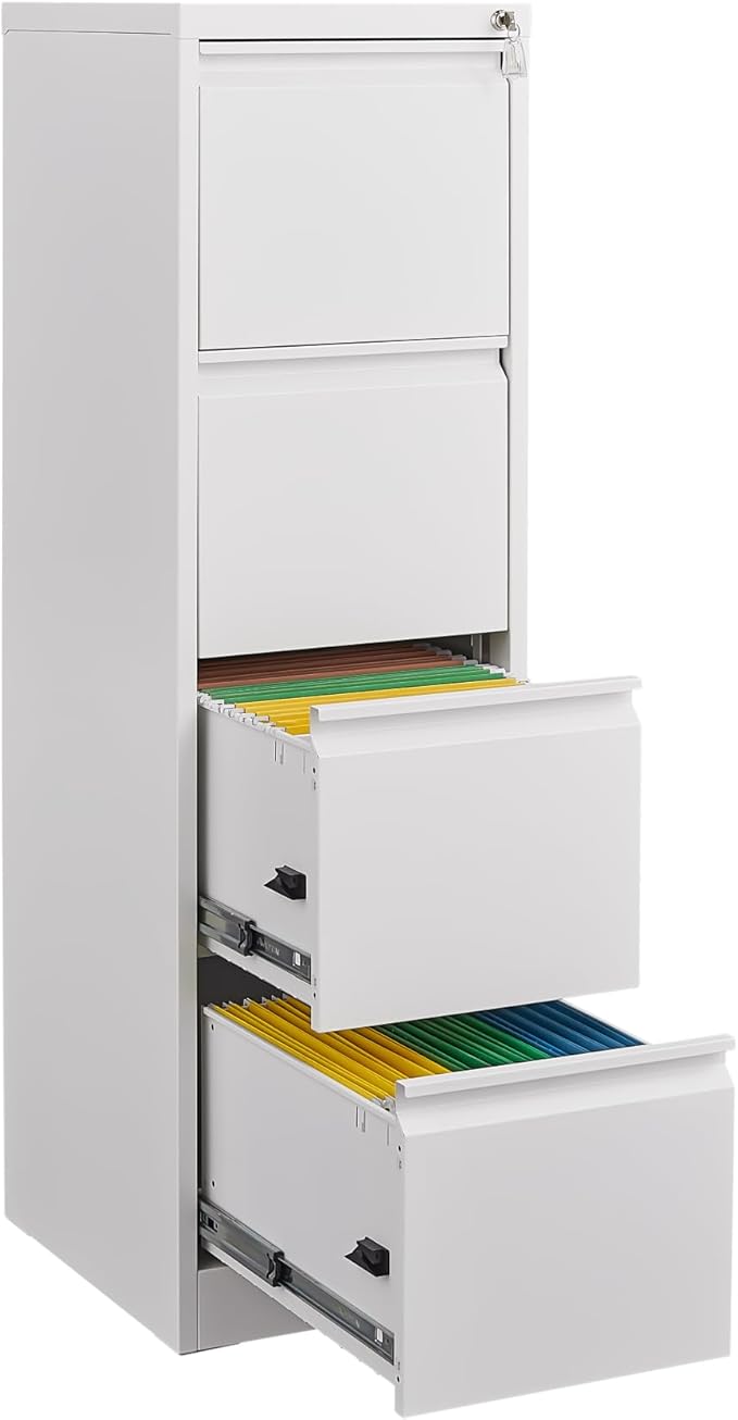 4 Drawer Small File Cabinet with Lock Metal Vertical Storage Organizer Filing Cabinets for Home Office Under Desk Locking Drawers for A4 Legal/Letter SizeAssembly RequiredWhite