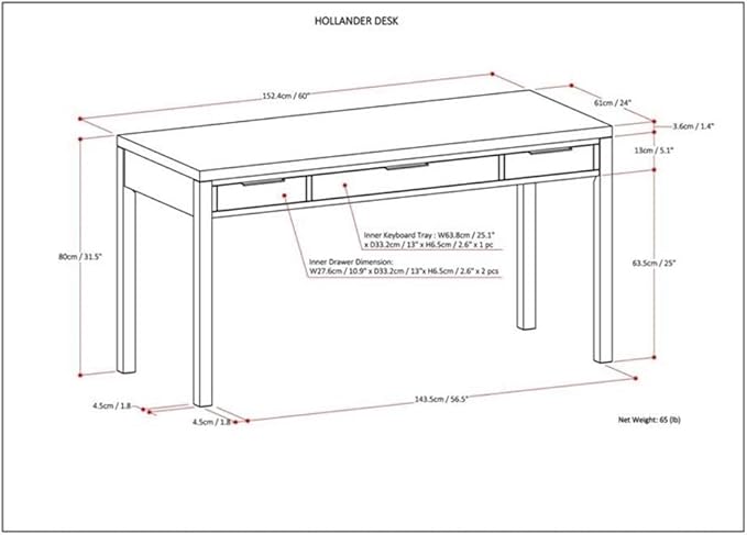 Pemberly Row Solid Wood Contemporary Desk 60 W x 24 D x 31.5 H Medium Saddle Brown Stain 2 Side Drawers Keyboard Tray Home Office Computer Desk