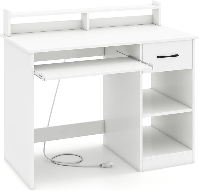 Computer Desk with Drawers Study Table with Storage Shelves Keyboard Tray Power Outlet Wood Makeup Vanity Table Small Desk for Bedroom Study Living Room Home Office (White 35''H)