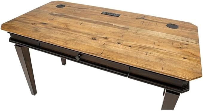 Pemberly Row Executive Writing Desk 54 in Wood Top Brown Finish Antique Bronze Hardware Dropfront Keyboard Drawer USB/AC Power Center Finished on All Sides Home Office Desk