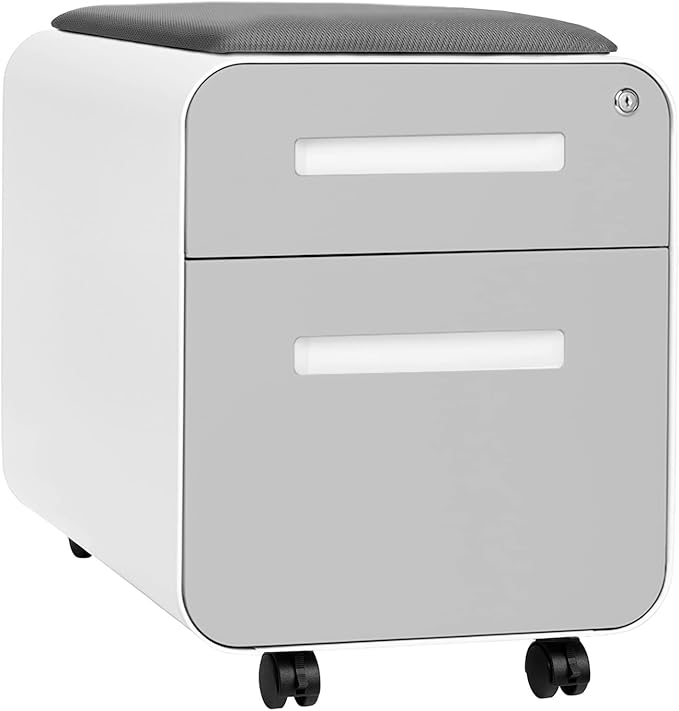 Laura Davidson Furniture STOCKPILE Mini Seated 2 Drawer Mobile File Cabinet with Removable Magnetic Cushion Seat - Short Version Metal Filing Cabinet Pre-Assembled Light Grey Face with Grey Cushion