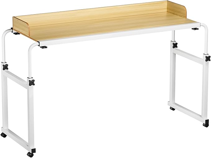 Adjustable Bed Table (47.2-82.7 Stretchy) - 25.6-37.4 Height Adjustable Overbed Desk with Lockable Wheels Raised Baffle for Single/Double Beds (Wooden Color-120 * 40cm)