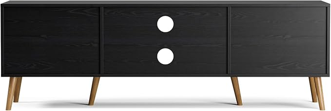 TV Stand for TVs up to 65'' Entertainment Center with Rattan Door Shelves &amp 2 Cabinets Boho Media TV Console for Living Room Bedroom Black