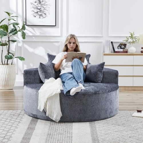 Oversized Round Chaise Lounge Chair Indoor 55'' Chenille Deep Seat Circle Single Floor Sofa Chairs Modern Upholstered Sponge Armchair Cloud Sleeper Chair for Living Room Bedroom Apartment Gray