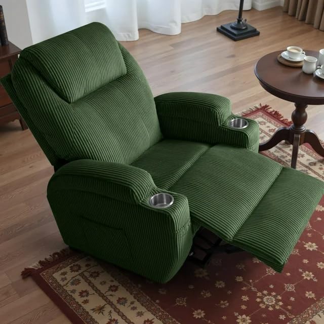 Furmax Electric Power Lift Recliner Chair with Massage for Elderly Corduroy Fabric Recliner Single Sofa with Cup Holders Side Pockets and Remote Control for Living Room Bedroom (Green)