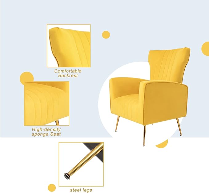 Generic Velvet Accent Chair Wingback Arm Chair with Gold Legs Upholstered Single Sofa for Living Room Bedroom Yellow