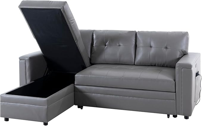 Naomi Home L-Shaped Sectional Sleeper Sofa with USB Ports - Convertible Pull-Out Bed Ample Storage Timeless Design Durable Construction Gray/Air Leather