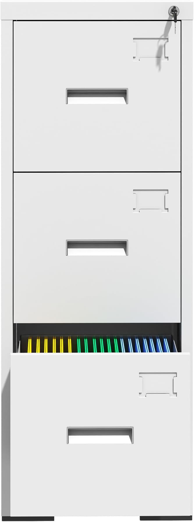 3 Drawer Metal Vertical File Cabinet with Lock and Card SlotOffice Home Vertical Filing Cabinets for A4 Legal/Letter Size Narrow File Cabinet LockedAssembly RequiredWhite