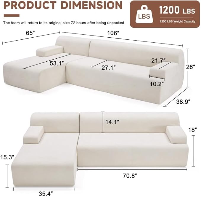 106 Modular Sectional Sofa Boneless Couch Sponge Sectional Sofa for Living Room High Density Sponges Cloud CouchModular L-Shape with Chaise Beige