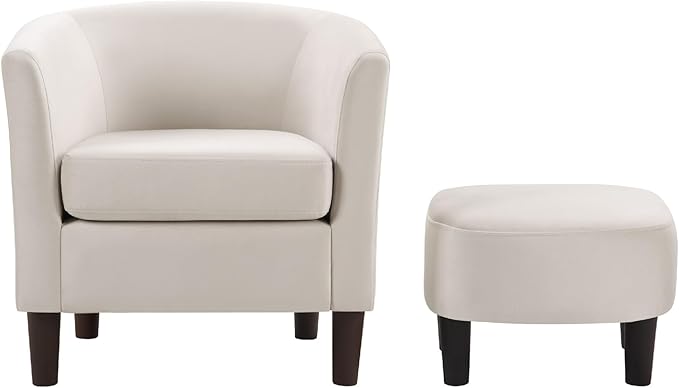 Velvet Accent Chair with Ottoman Modern Barrel Armchair Plush Lounge Chair for Living Room Bedroom Reading Nook 4 Colors (White)