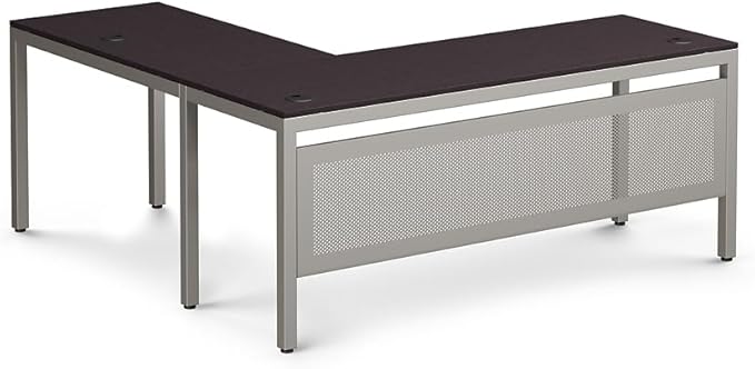 NBF Reversible L Shaped Executive Office Desk - Durable Espresso Laminate Computer Desk with Steel Frame - Modern Desk with 3 Grommet Holes - 60 W x 60 D Work Desk for Home (Brown)
