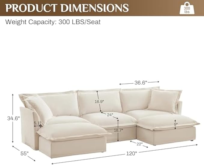 Modular Sectional Sofa Cloud Couch 120 U Shaped Sofa Comfy 3-Seat Couch with Ottoman &amp Removable Cover Oversized Sofas Set for Living Room Apartment Beige Chenille