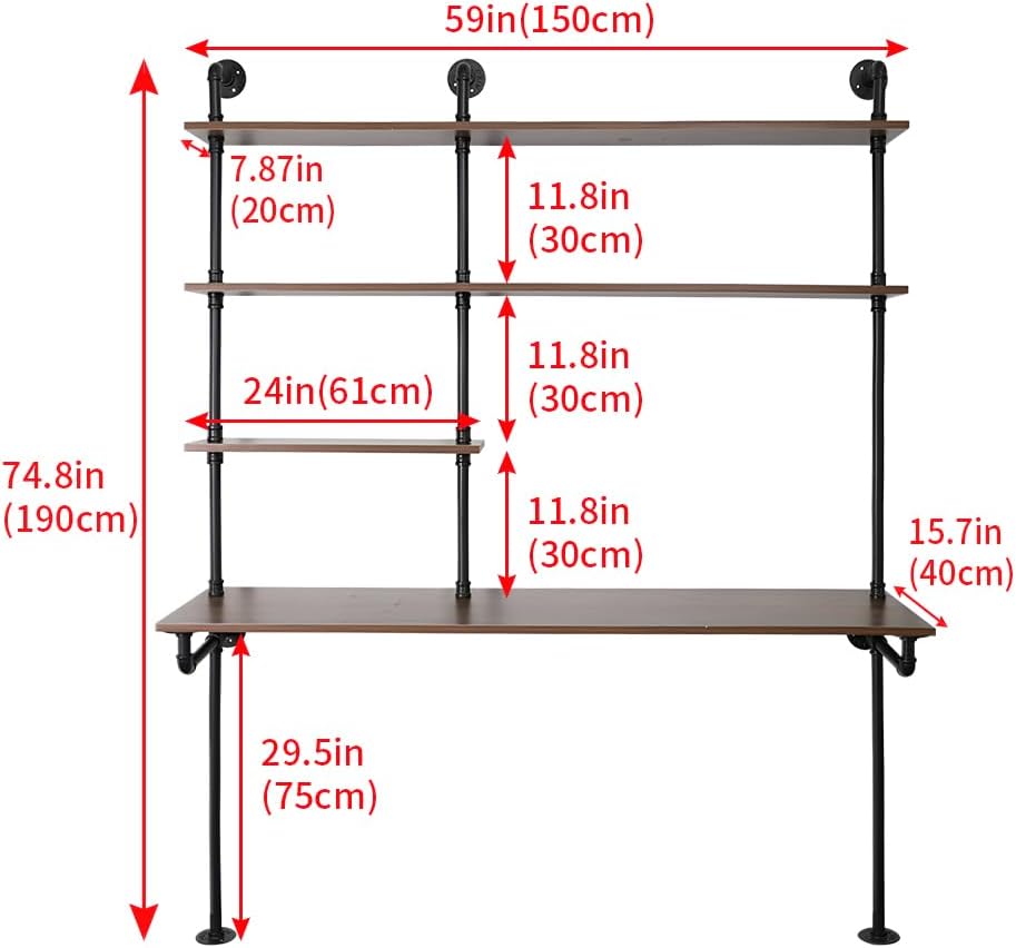 Industrial Pipe Computer Desk with ShelvesWall Mounted Laptop Desks for Small Spaces59 inch Bookshelf Narrow Writing Desk with Floating Shelves