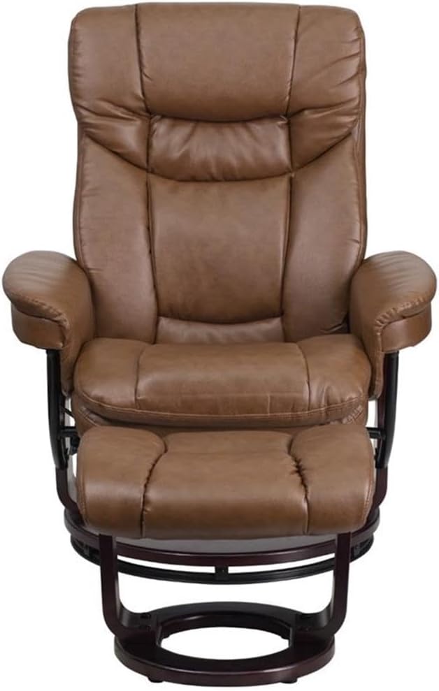 BOWERY HILL LeatherSoft Recliner and Ottoman 41.25 in H x 33 in W x 44.5 in D Palomino Brown Finish Integrated Headrest Swivel Base Mahogany Wood Frame Plush Arms Home or Office Seating