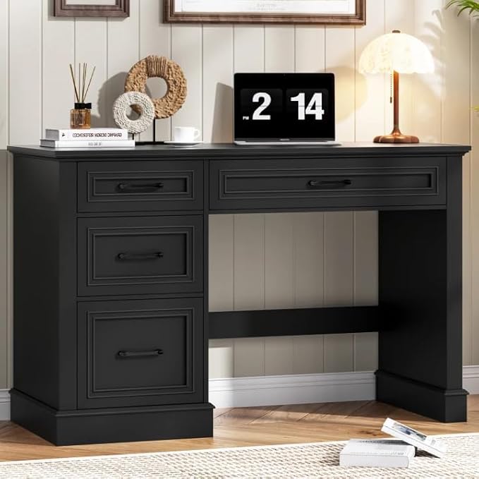 Farmhouse 47 Executive Desk with 3 Drawers and Adjustable File Drawer Workspace for Home Office and Study Pure Black.
