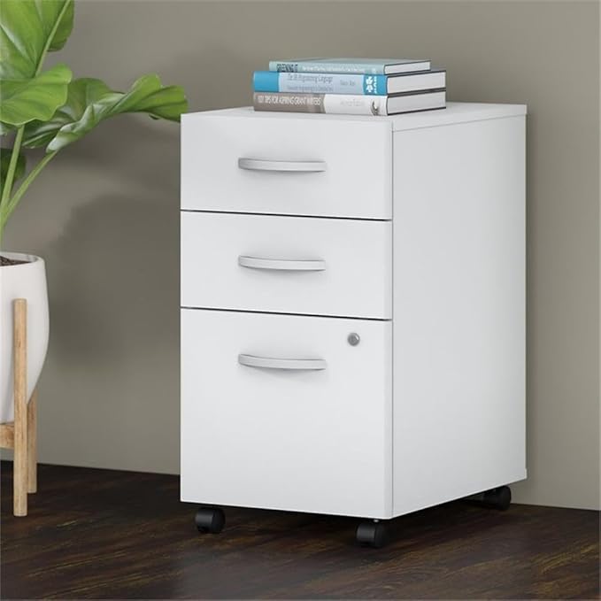 Scranton &amp Co 3 Drawer Mobile File Cabinet 27.87 H x 15.7 W x 20.15 D Laminate Over Engineered Wood White Finish Brushed Nickel Hardware Locking Drawers Smooth Rolling Casters Office Sto