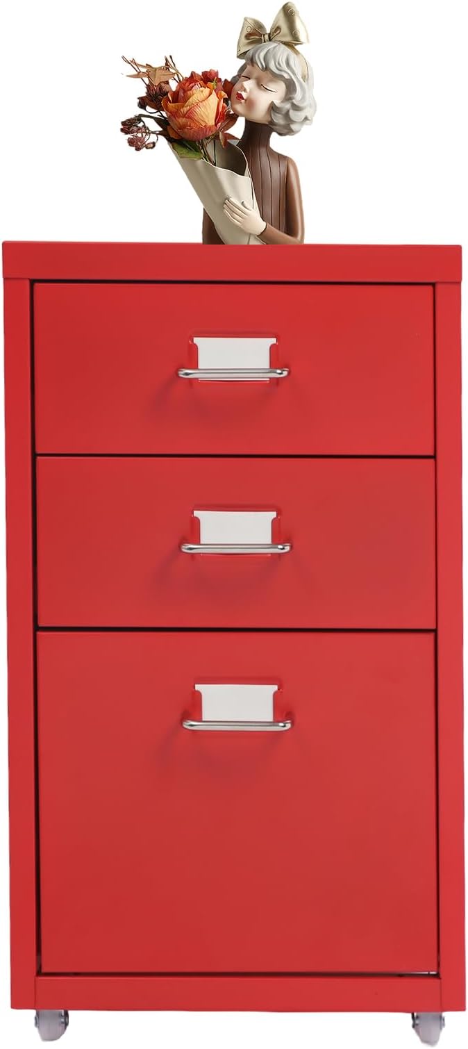 File Cabinet 3 Drawer Filing Cabinet with Wheels Metal Under Desk Storage Cabinet for Home Office Commercial Hanging File Folders Organizer for Letter/A4 Size(Red)