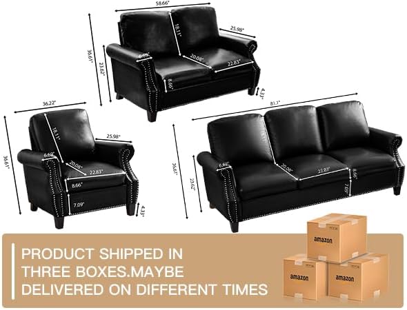 AVZEAR 3-Piece Sectional Sofa Set PU Leather SofaSmall Couch Set Mid Century Modern Couches with Classic Tufted Button Comfy 1+2+3 Seater Couch for Living Room Black