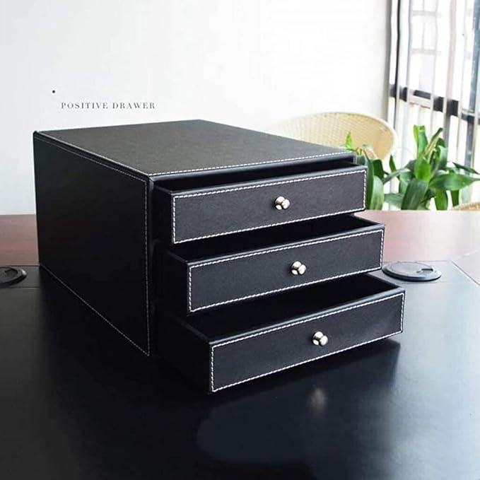 qiuqiu Office Cabinet File Box 3-Drawer Leather Filing Cabinets Desk 3 Layer Leather File Cabinet Drawer Style A4 Document Storage Box Business Office Supplies Furniture-Black