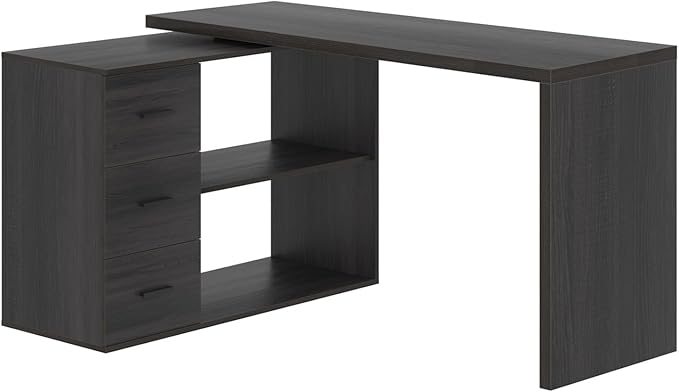 HSH L Shaped Desk with Drawers Shape Computer Storage Cabinet Shelves Reversible Modern Industrial Home Office Corner Desk Rustic Wood Executive Writing Gaming Study Table Gray 55 Inch