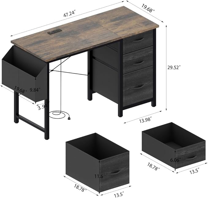 Office Desk with Power Outlet3drawers and Side Pocket Easy to AssembleFrame Stability Reversible for Home Office StudyRustic Brown