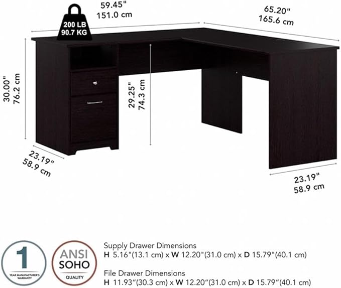 Bush Home Cabot 60W L Shaped Computer Desk with Drawers in Espresso Oak