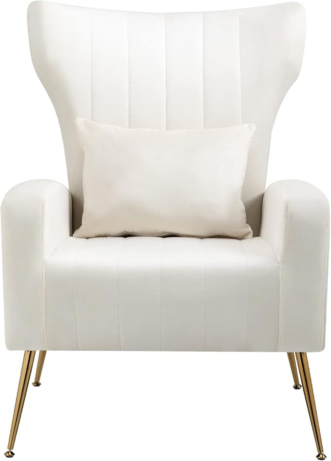X-VOLSPORT Velvet Accent Chairs Set of 2 Mid Century Modern High Back Living Room Chair with Waist Pillow Upholstered Arm Chair with Metal Gold Legs for Bedroom Club White