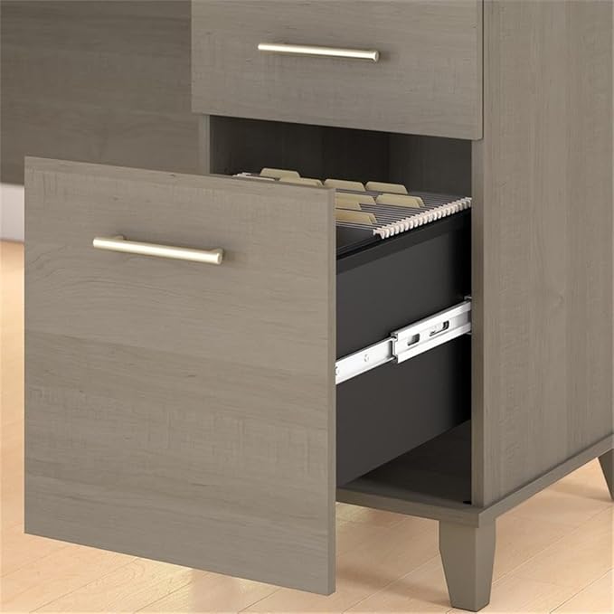 BOWERY HILL 72W L Shaped Desk Ash Gray Engineered Wood Pullout Keyboard Tray Storage Cabinet with Adjustable Shelf File Drawer Contemporary Home Office Desk Indoor Use Office Workstation