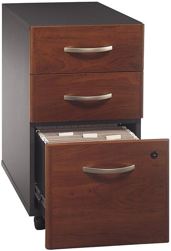Scranton &amp Co 3-Drawer Mobile Pedestal Filing Cabinet Hansen Cherry Finish Locking Bottom Drawers Ball-Bearing Slides Fits Under Desk Shell Office Storage Solution for Legal and Letter Files
