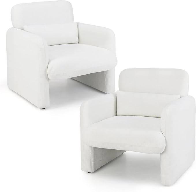 KOMFOTT Chenille Accent Chair Set of 2 Modern Upholstered Armchair with Removable Lumbar Pillow Widened Backrest &amp Thick Seat Cushion Comfy Single Sofa Chair for Living Room Bedroom White