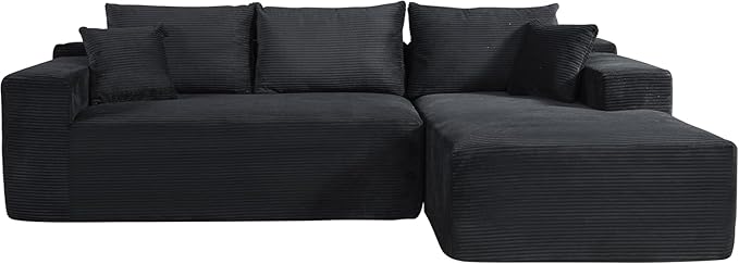 Ridge 2-Piece Convertible Corduroy L-Shaped Sofa in a Box with Pillows 3-Seater Modular Sectional Couch Compressed Living Room Furniture Black (Right Facing)