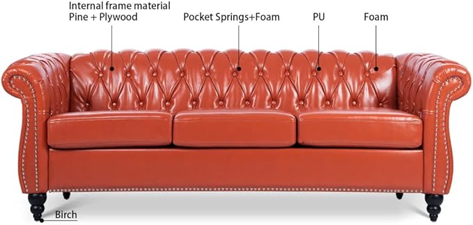 84 Chesterfield Couch PU Leather Modern Rolled Arm Tufted Back 3 Seater Sofa Upholstery Nailhead Trim Couches for Living Room Office (Orange)