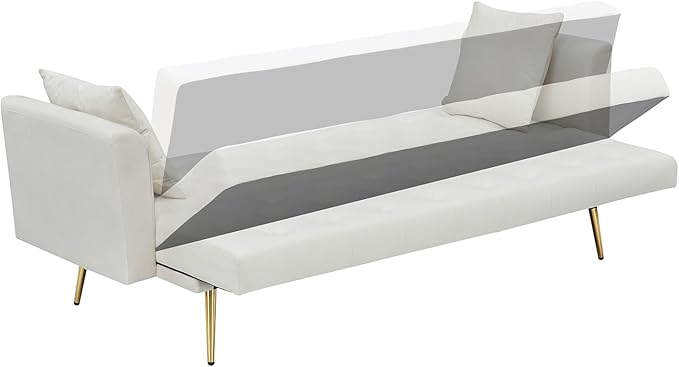 71 Modern Velvet Sofa Bed Futon Convertible Sleeper Couch with Adjustable Backrest Tufted Recliner Loveseat with Golden Chrome Legs &amp 2 Pillows for Small Spaces Living Room Apartment (Beige)
