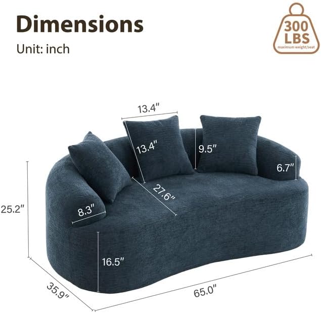 DEINPPA 65'' Modern Small Loveseat Sofa Chenille Upholstered Couch Space-Saving Design Plush Comfort Sofa with 3 Pillows No Assembly Needed for Small Spaces Living Room ApartmentBlue | Lasting S