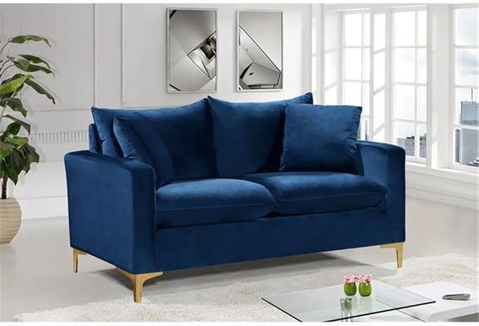 Meridian Furniture Naomi Collection Modern | Contemporary Navy Velvet Upholstered Loveseat with Stainless Steel Base in a Rich Gold or Chrome Finish